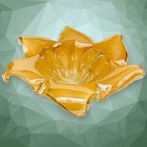 White Cristal Murano 13" Handmade in Italy Amber Candy Bowl Dish 4" Tall